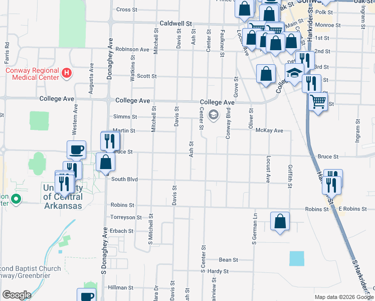 map of restaurants, bars, coffee shops, grocery stores, and more near 238 Ash Street in Conway