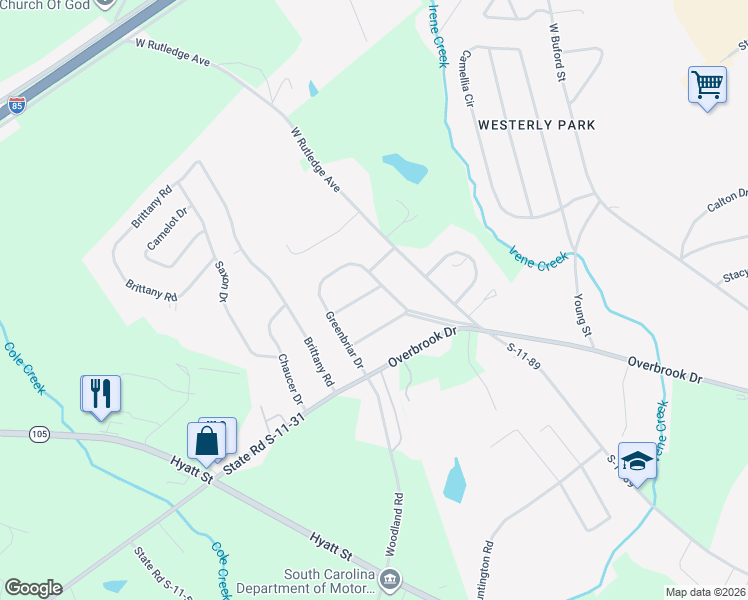 map of restaurants, bars, coffee shops, grocery stores, and more near 110 Westland Drive in Gaffney