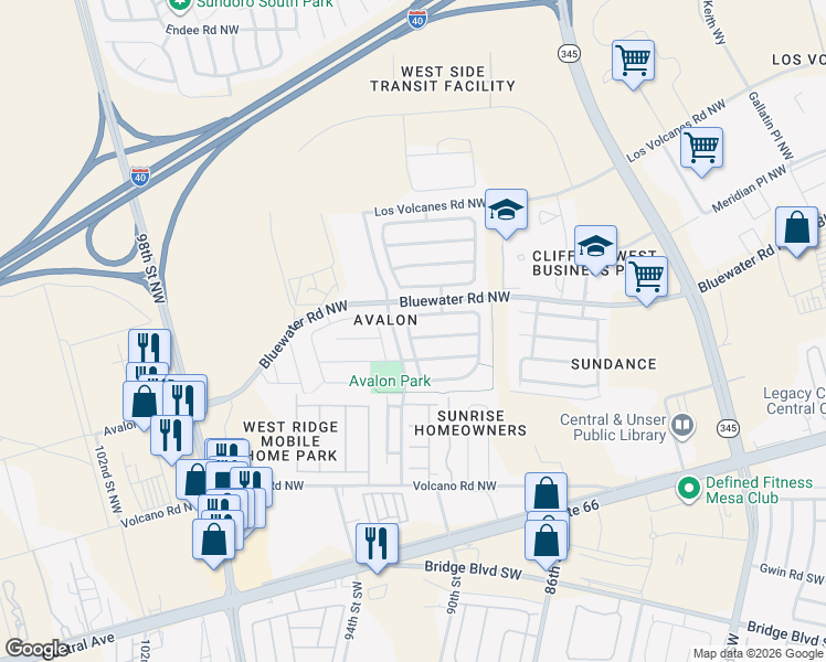 map of restaurants, bars, coffee shops, grocery stores, and more near 9127 Starboard Road Northwest in Albuquerque