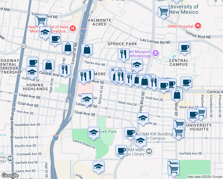 map of restaurants, bars, coffee shops, grocery stores, and more near 1401 Gold Avenue Southeast in Albuquerque