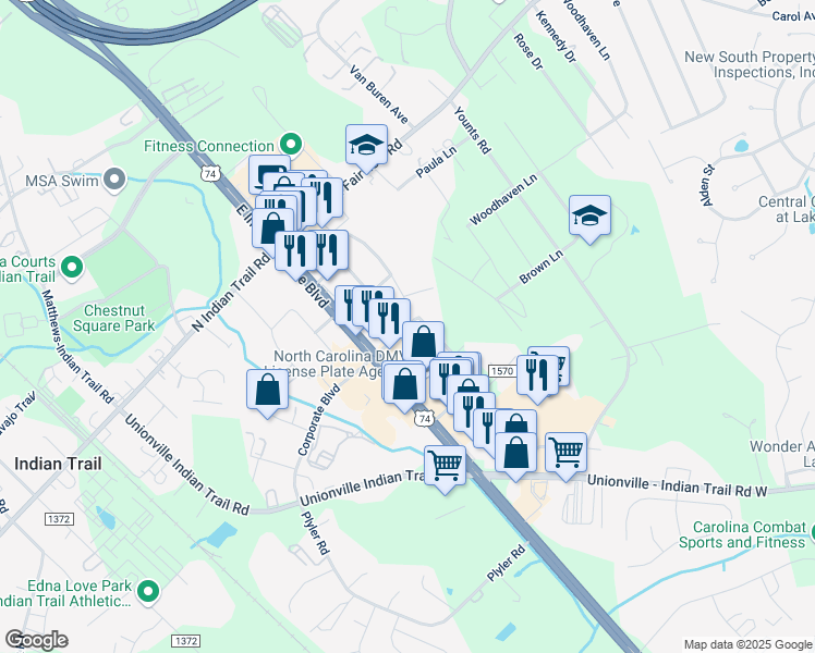 map of restaurants, bars, coffee shops, grocery stores, and more near 206 June Drive in Indian Trail