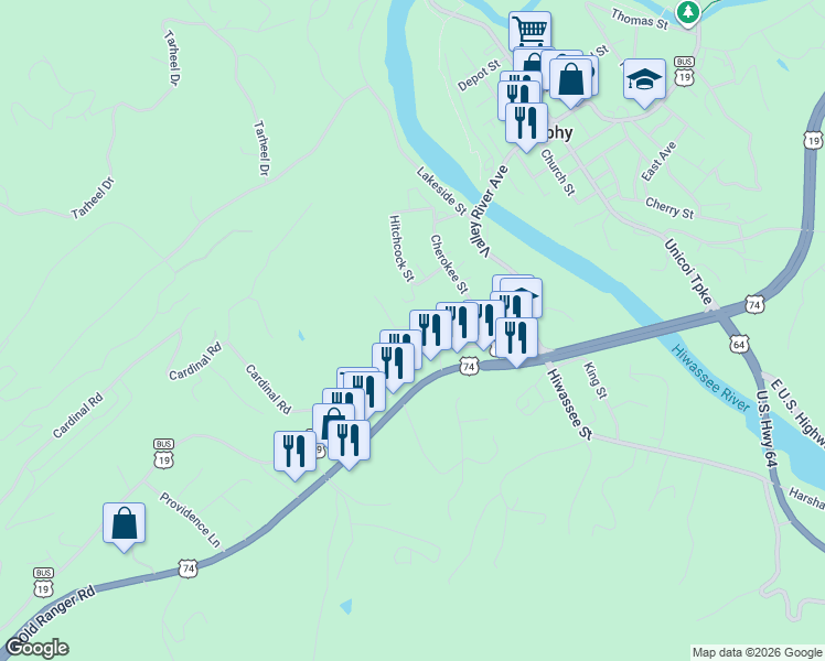 map of restaurants, bars, coffee shops, grocery stores, and more near U.S. 19 Business in Murphy