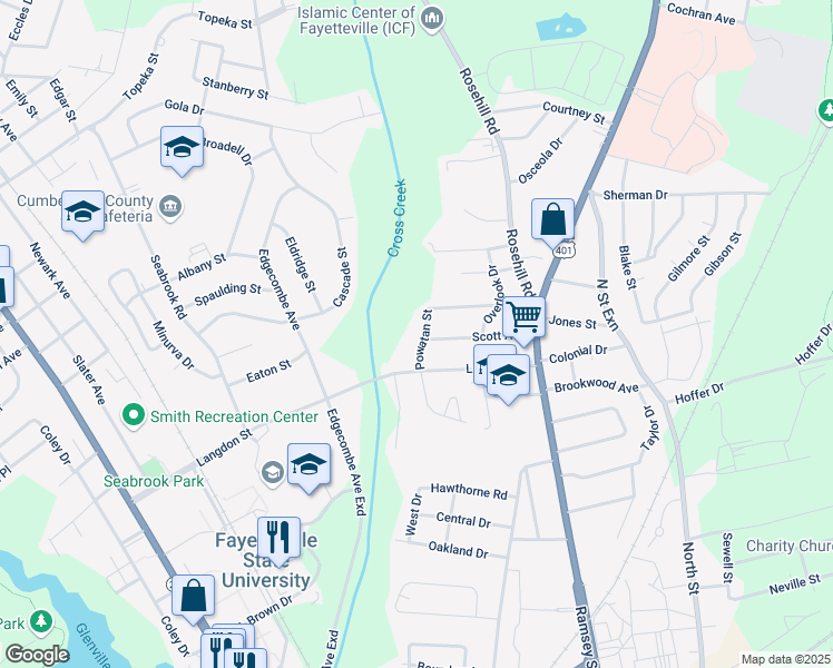 map of restaurants, bars, coffee shops, grocery stores, and more near 1801 Powatan Street in Fayetteville
