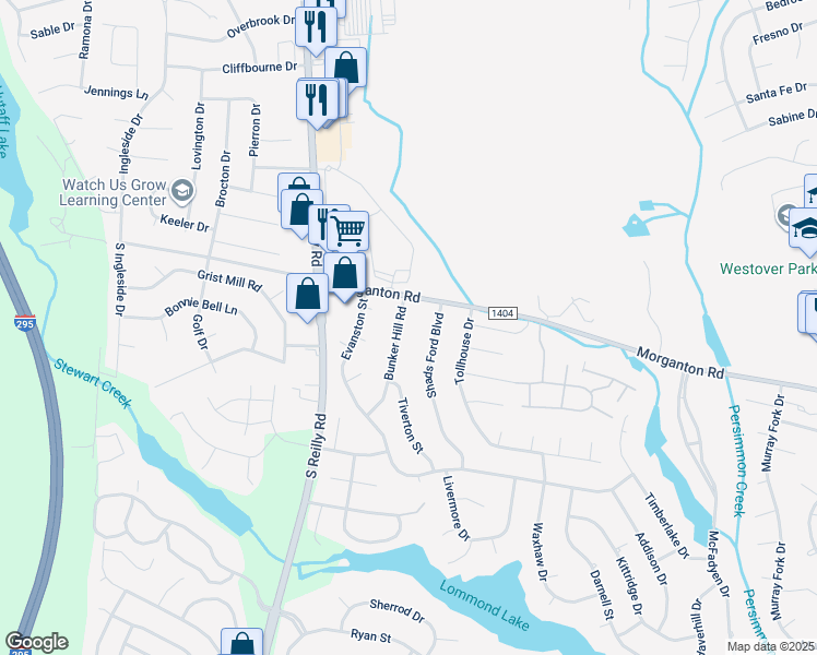 map of restaurants, bars, coffee shops, grocery stores, and more near 109 Bunker Hill Road in Fayetteville