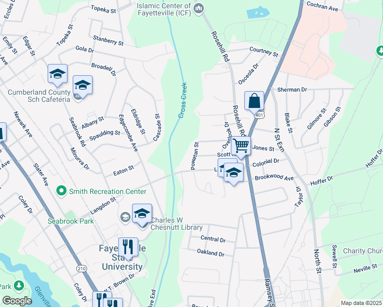 map of restaurants, bars, coffee shops, grocery stores, and more near 1815 Powatan Street in Fayetteville