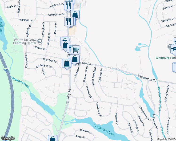 map of restaurants, bars, coffee shops, grocery stores, and more near 109 Bunker Hill Road in Fayetteville