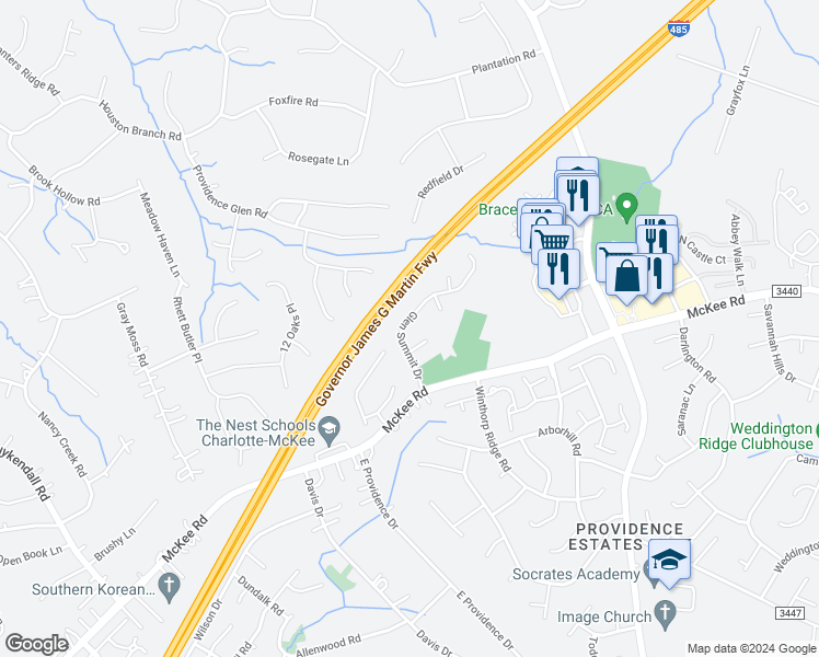 map of restaurants, bars, coffee shops, grocery stores, and more near 3105 Glen Summit Drive in Charlotte