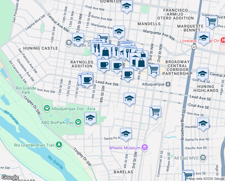 map of restaurants, bars, coffee shops, grocery stores, and more near 601 Coal Avenue Southwest in Albuquerque