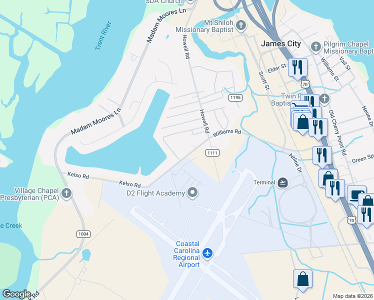 map of restaurants, bars, coffee shops, grocery stores, and more near 806 Williams Road in New Bern