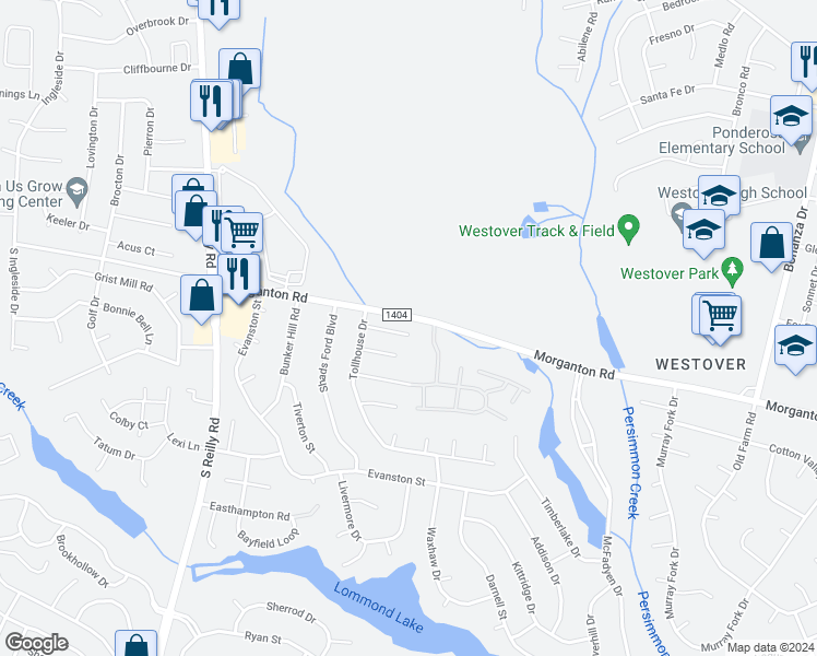 map of restaurants, bars, coffee shops, grocery stores, and more near 6300 Greycliff Drive in Fayetteville