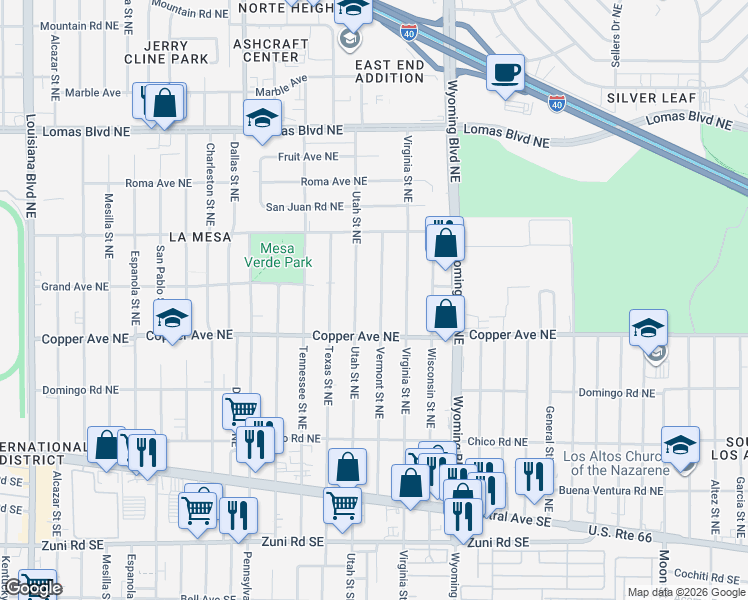 map of restaurants, bars, coffee shops, grocery stores, and more near 507 Vermont Street Northeast in Albuquerque