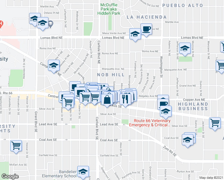 map of restaurants, bars, coffee shops, grocery stores, and more near 304 Solano Drive Northeast in Albuquerque