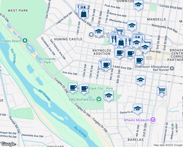 map of restaurants, bars, coffee shops, grocery stores, and more near 519 12th Street Southwest in Albuquerque