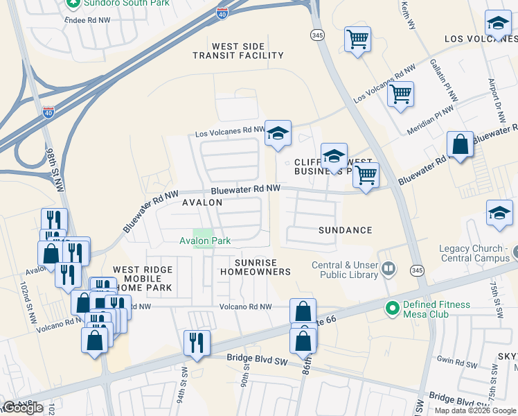 map of restaurants, bars, coffee shops, grocery stores, and more near 9005 Port Road Northwest in Albuquerque