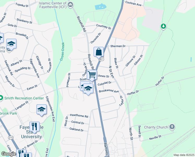 map of restaurants, bars, coffee shops, grocery stores, and more near 1817 Ramsey Street in Fayetteville