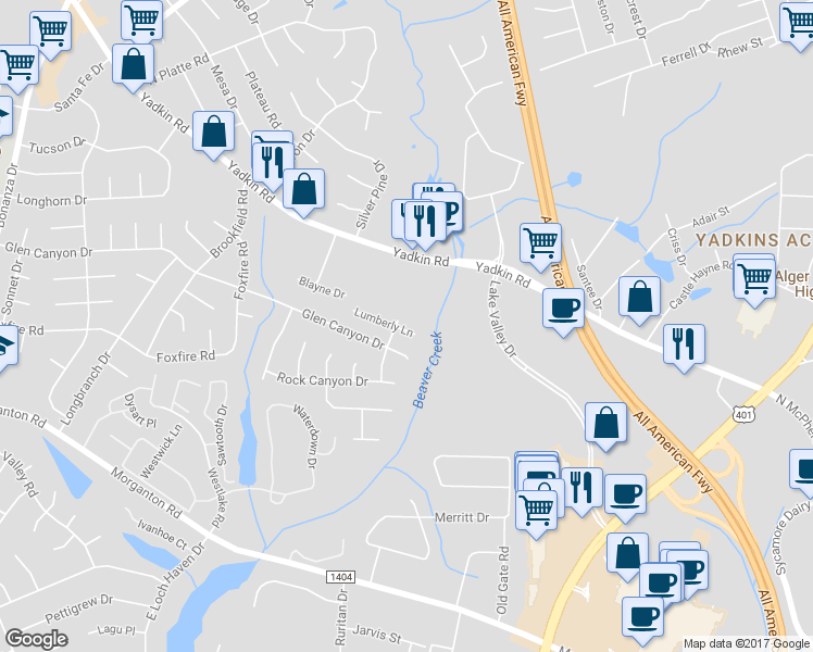 map of restaurants, bars, coffee shops, grocery stores, and more near 607 Lumberly Lane in Fayetteville