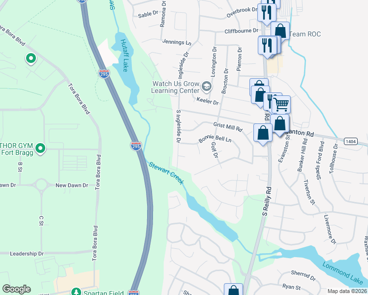 map of restaurants, bars, coffee shops, grocery stores, and more near 6620-6624 Bonnie Bell Lane in Fayetteville