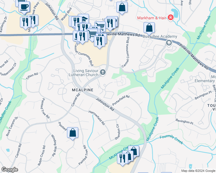 map of restaurants, bars, coffee shops, grocery stores, and more near 6606 Point Comfort Lane in Charlotte