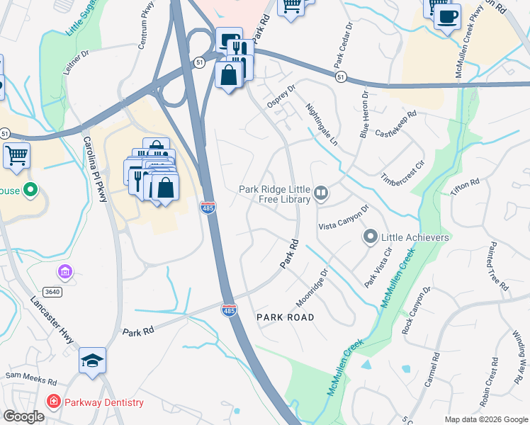 map of restaurants, bars, coffee shops, grocery stores, and more near 11306 Vintage Lane in Charlotte