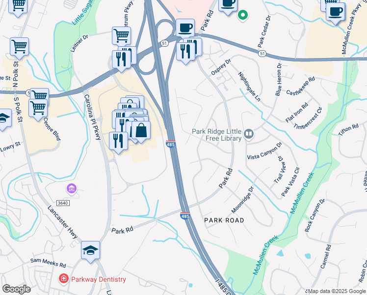 map of restaurants, bars, coffee shops, grocery stores, and more near 11022 Copperfield Drive in Pineville