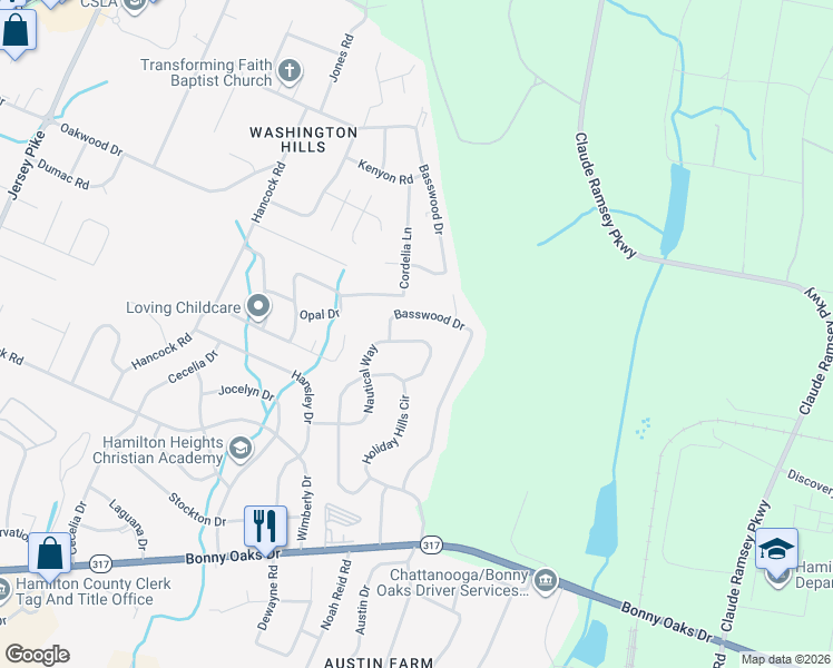 map of restaurants, bars, coffee shops, grocery stores, and more near 7842 Basswood Drive in Chattanooga