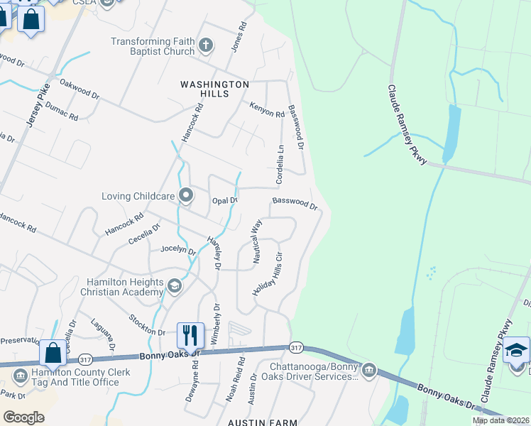 map of restaurants, bars, coffee shops, grocery stores, and more near 7 Opal Drive in Chattanooga