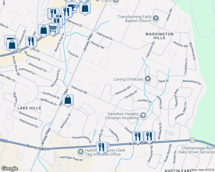 map of restaurants, bars, coffee shops, grocery stores, and more near 7739 Vista Hills Drive in Chattanooga