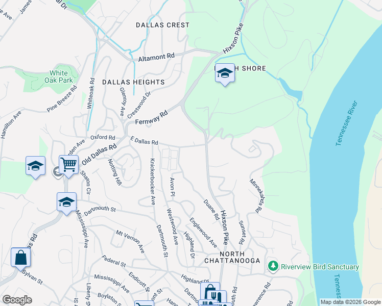 map of restaurants, bars, coffee shops, grocery stores, and more near 1205 East Dallas Road in Chattanooga