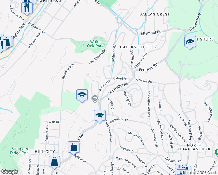 map of restaurants, bars, coffee shops, grocery stores, and more near 1723 Arden Avenue in Chattanooga