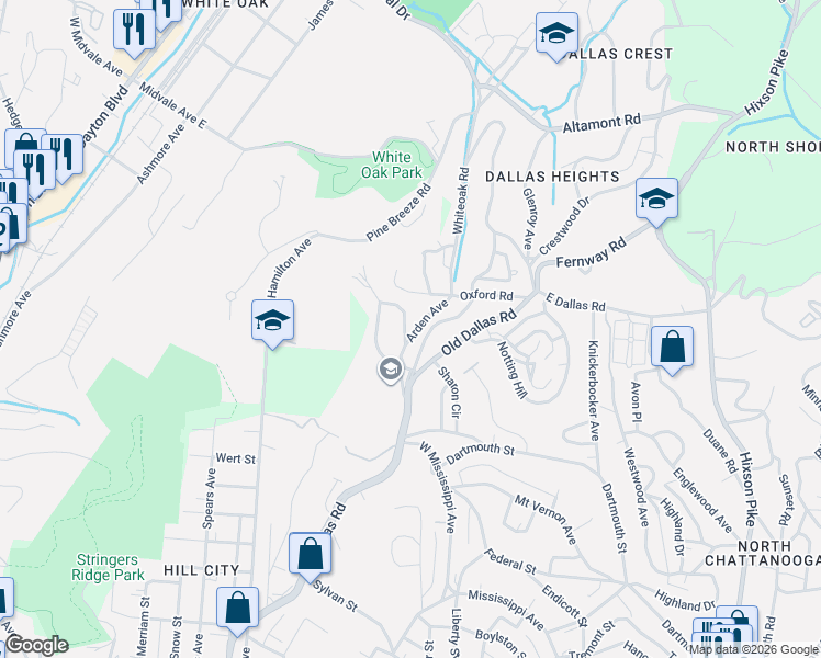map of restaurants, bars, coffee shops, grocery stores, and more near 1714 Edgehill Street in Chattanooga