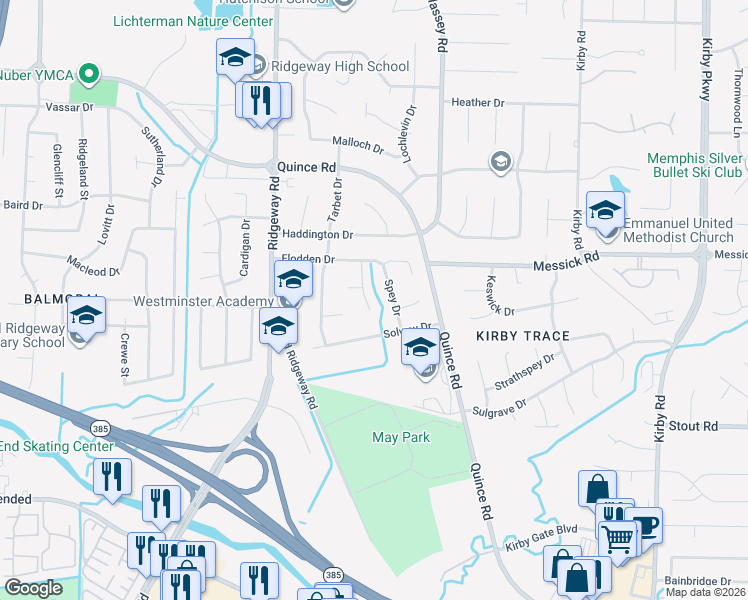 map of restaurants, bars, coffee shops, grocery stores, and more near 2454 Ayrshire Cove in Memphis