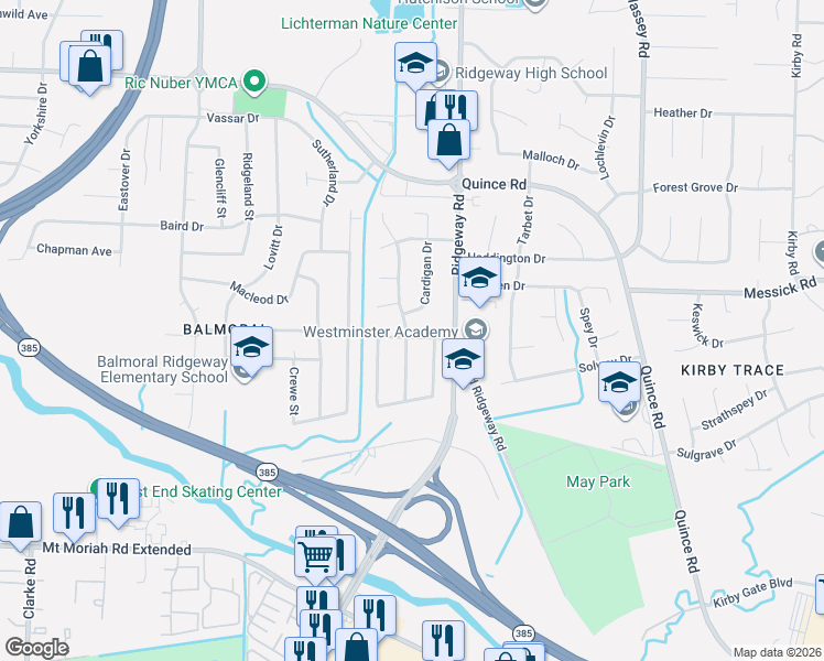 map of restaurants, bars, coffee shops, grocery stores, and more near 2459 Cardigan Drive in Memphis