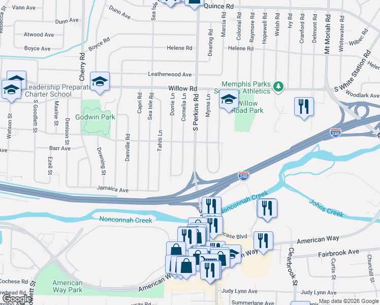 map of restaurants, bars, coffee shops, grocery stores, and more near 1826 South Perkins Road in Memphis