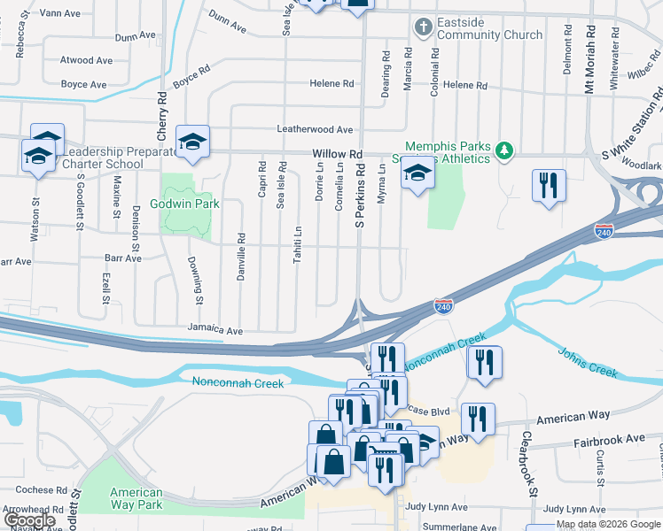 map of restaurants, bars, coffee shops, grocery stores, and more near 4606 Mallory Road in Memphis