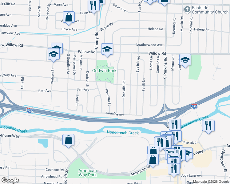 map of restaurants, bars, coffee shops, grocery stores, and more near 4427 Mallory Road in Memphis