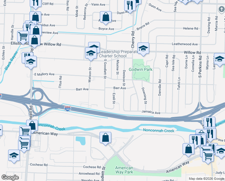 map of restaurants, bars, coffee shops, grocery stores, and more near 4296 Barr Avenue in Memphis