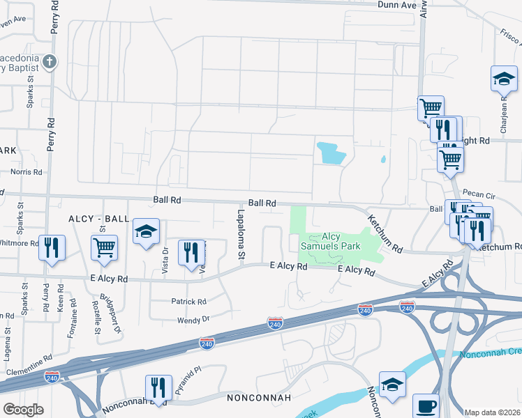 map of restaurants, bars, coffee shops, grocery stores, and more near 490 Ball Road in Memphis
