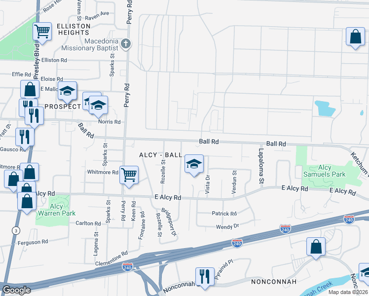 map of restaurants, bars, coffee shops, grocery stores, and more near 1695 Ball Road in Memphis