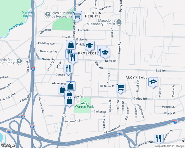 map of restaurants, bars, coffee shops, grocery stores, and more near 2318 Warren Street in Memphis