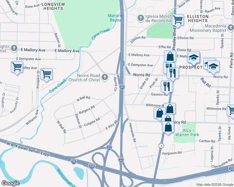 map of restaurants, bars, coffee shops, grocery stores, and more near 2326 Hernando Road in Memphis