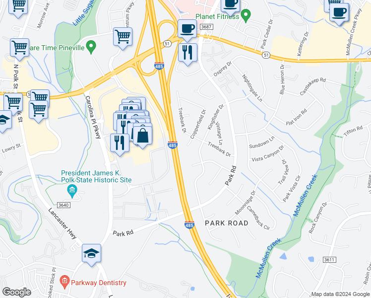 map of restaurants, bars, coffee shops, grocery stores, and more near 11027 Copperfield Drive in Pineville