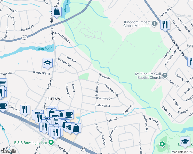 map of restaurants, bars, coffee shops, grocery stores, and more near 1911 Spruce Street in Fayetteville