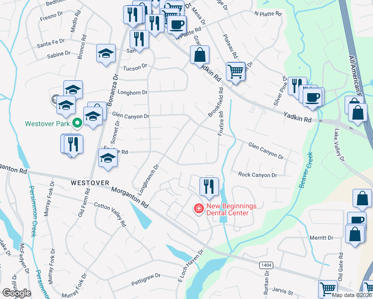 map of restaurants, bars, coffee shops, grocery stores, and more near 5214 Longbranch Drive in Fayetteville