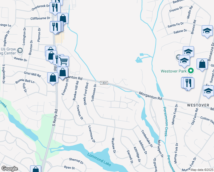 map of restaurants, bars, coffee shops, grocery stores, and more near 6300 Greycliff Drive in Fayetteville
