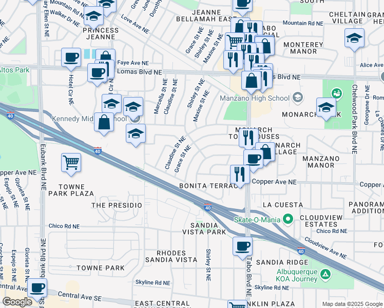 map of restaurants, bars, coffee shops, grocery stores, and more near 11600 Nambe Avenue Northeast in Albuquerque