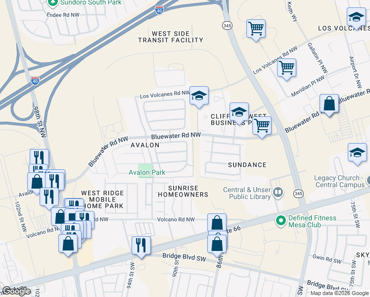map of restaurants, bars, coffee shops, grocery stores, and more near 9005 Port Road Northwest in Albuquerque