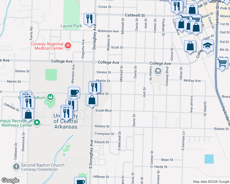 map of restaurants, bars, coffee shops, grocery stores, and more near 1916 Bruce Street in Conway