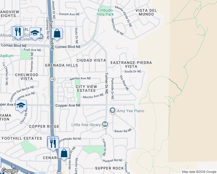 map of restaurants, bars, coffee shops, grocery stores, and more near 1001 Turner Drive Northeast in Albuquerque