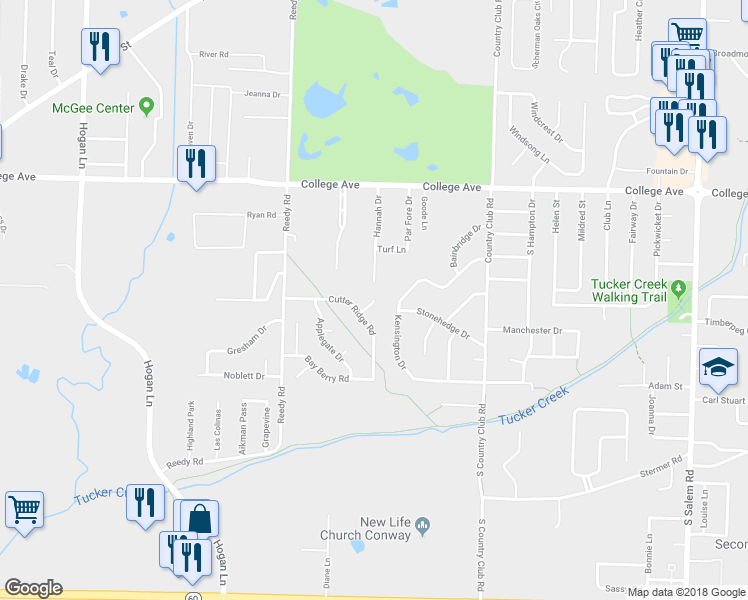 map of restaurants, bars, coffee shops, grocery stores, and more near 299 High Ridge Circle in Conway