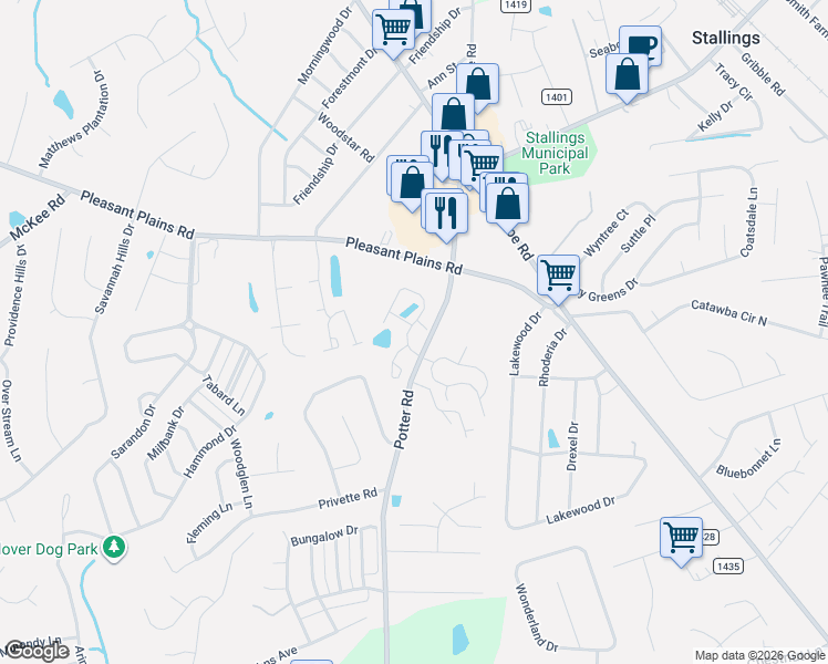 map of restaurants, bars, coffee shops, grocery stores, and more near 4724 Potter Road in Matthews
